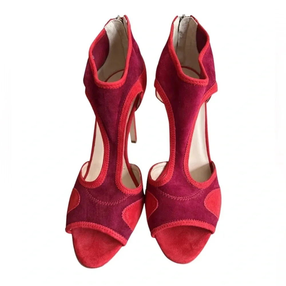 LK BENNET Red Pink patchwork suede trim Neoprene sandals HEELS Sz 37